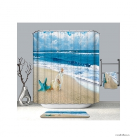 LAGOON - Textil zuhanyfüggöny függönykarikával 180x200cm - Palack posta kék tengeri csillaggal