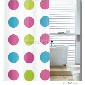 AQUALINE - PVC zuhanyfüggöny függönykarikával 180x180 cm - Rózsaszín, kék, zöld kör mintás (ZV018)