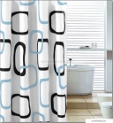 AQUALINE - PVC zuhanyfüggöny függönykarikával 180x200 cm - Fekete, kék geometriai mintás (ZP004)