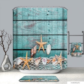 LAGOON - Textil zuhanyfüggöny függönykarikával 180x200cm - Stégen csillagok és kagylók a hálóban