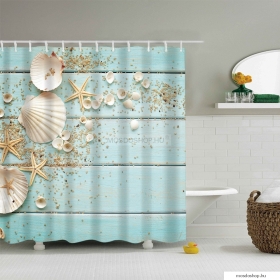 LAGOON - Textil zuhanyfüggöny függönykarikával 180x200cm - Tengeri csillagok és kagylók a stégen