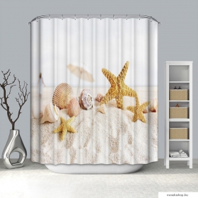 LAGOON - Textil zuhanyfüggöny függönykarikával 180x200cm - Tengeri csillagok a fehér homokban