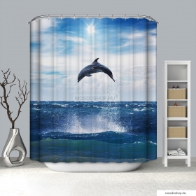 LAGOON - Textil zuhanyfüggöny függönykarikával 180x200cm - Vízből kiugró delfin mintás
