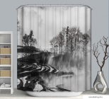 LAGOON - Textil zuhanyfüggöny függönykarikával 180x200cm - Fekete-fehér erdő mintás