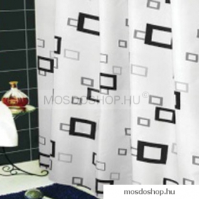 DIPLON - Zuhanyfüggöny függönykarikával - Textil - Szürke-fekete téglalap mintás (CN7313)