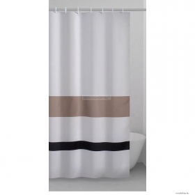 GEDY - LIVING - Textil zuhanyfüggöny függönykarikával 180x200 cm - Szövet - Fehér, barna-fekete csíkkal