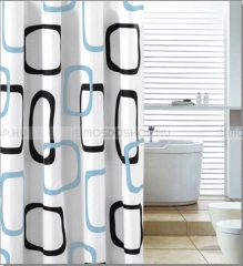 AQUALINE PVC zuhanyfüggöny függönykarikával 180x200 cm geometriai mintás (ZP004) - Fehér alapon fekete, kék geometriai minta - Műanyag (PVC) - Zuhanyfüggöny műanyag - pvc